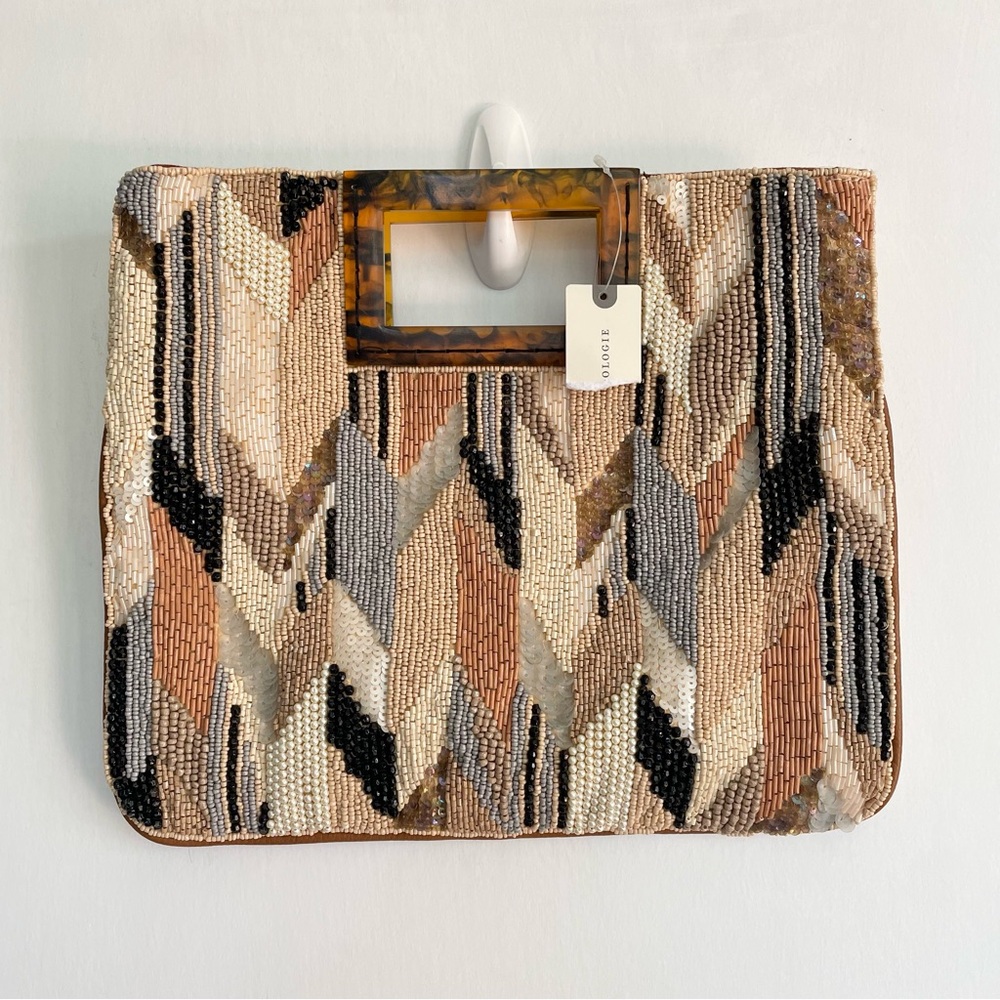 NWT Anthropologie Geometric Beaded Clutch in Beige Acrylic Handle Brown Black